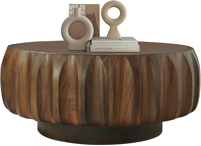 31.5'' Walnut Round Coffee Table, Drum Coffee Table Contemporary Wood Round