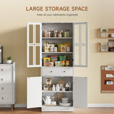 Kitchen Pantry Storage Cabinet, Tall Pantry Cabinet with Glass Doors and Large Drawer