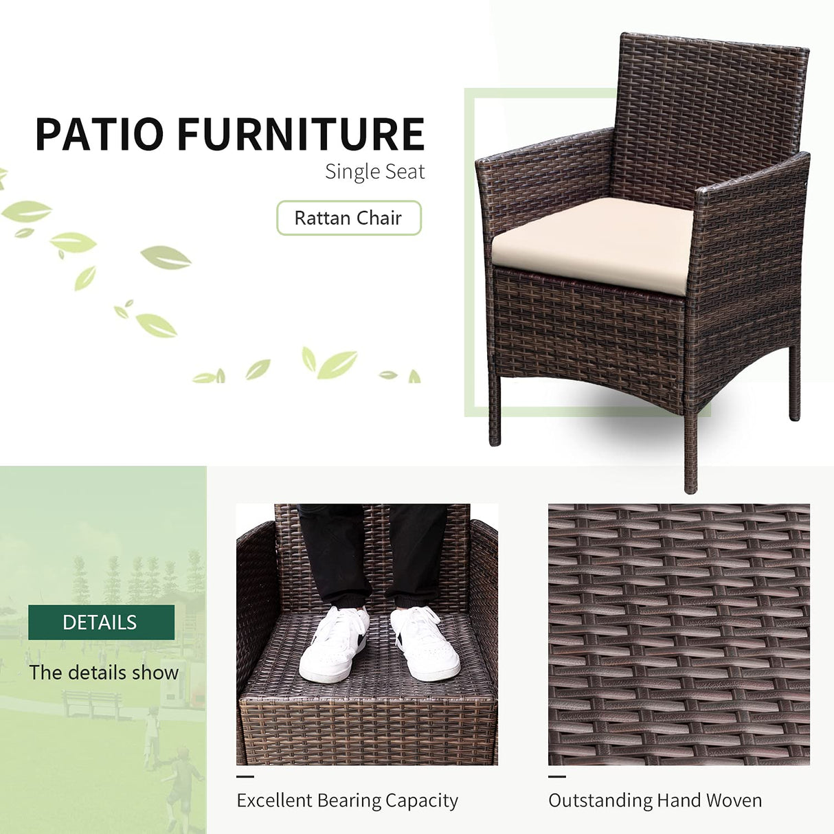 Patio Furniture Sets Outdoor PE Rattan Wicker Chairs with Soft Cushion and Glass