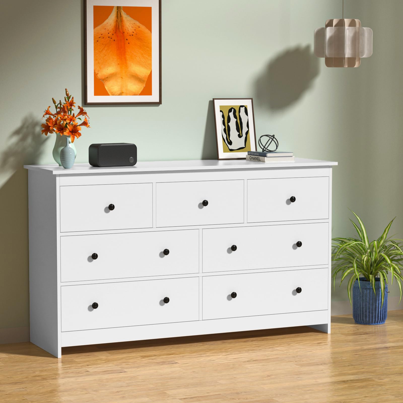 White Dresser for Bedroom, 7 Drawer Dresser with Wide Drawer and Metal Handles