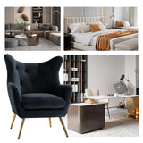 Velvet Accent Chair, Modern Wingback Arm Chair with Metal Gold Legs, Velvet Tufted Upholstered Single Sofa Chair for Living Room Bedroom, Dining Room Accent Club Guest Chair (Black)