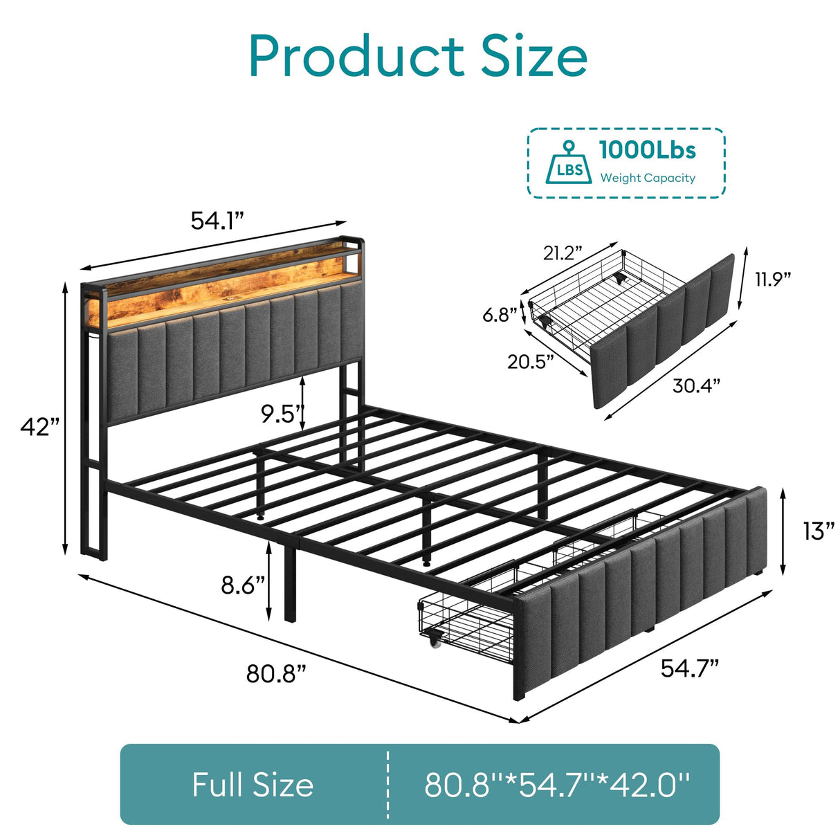 Full Bed Frame with Storage, Upholstered Bed Frame with LED Lights Headboard and 2 Drawers, Full Size Bed Frame with Charging Station, Noise-Free, No Box Spring Needed, Easy Assembly, Grey