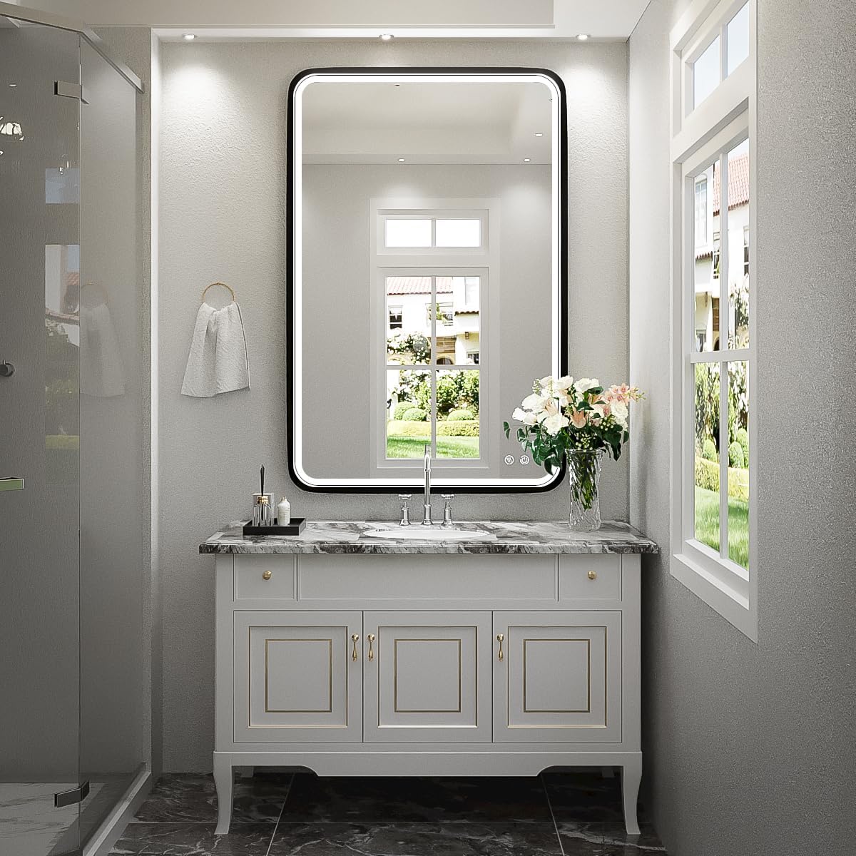 36x24 Inch LED Bathroom Mirror with Lights, Black Metal Frame Mirror