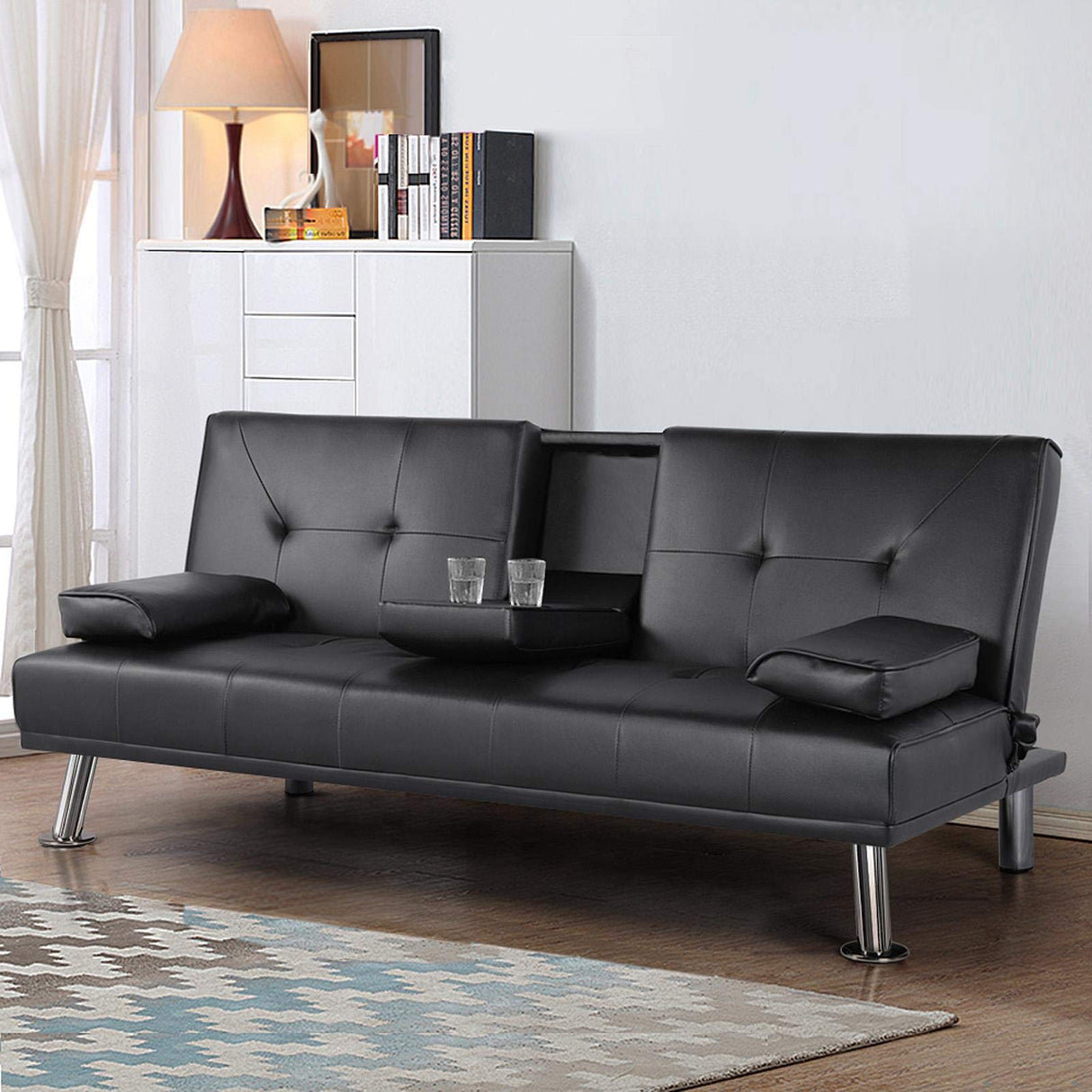 Modern Faux Leather Futon Set Convertible Recliner Sleeper Fold Up & Down Loveseatrsible Daybed Guest Bed