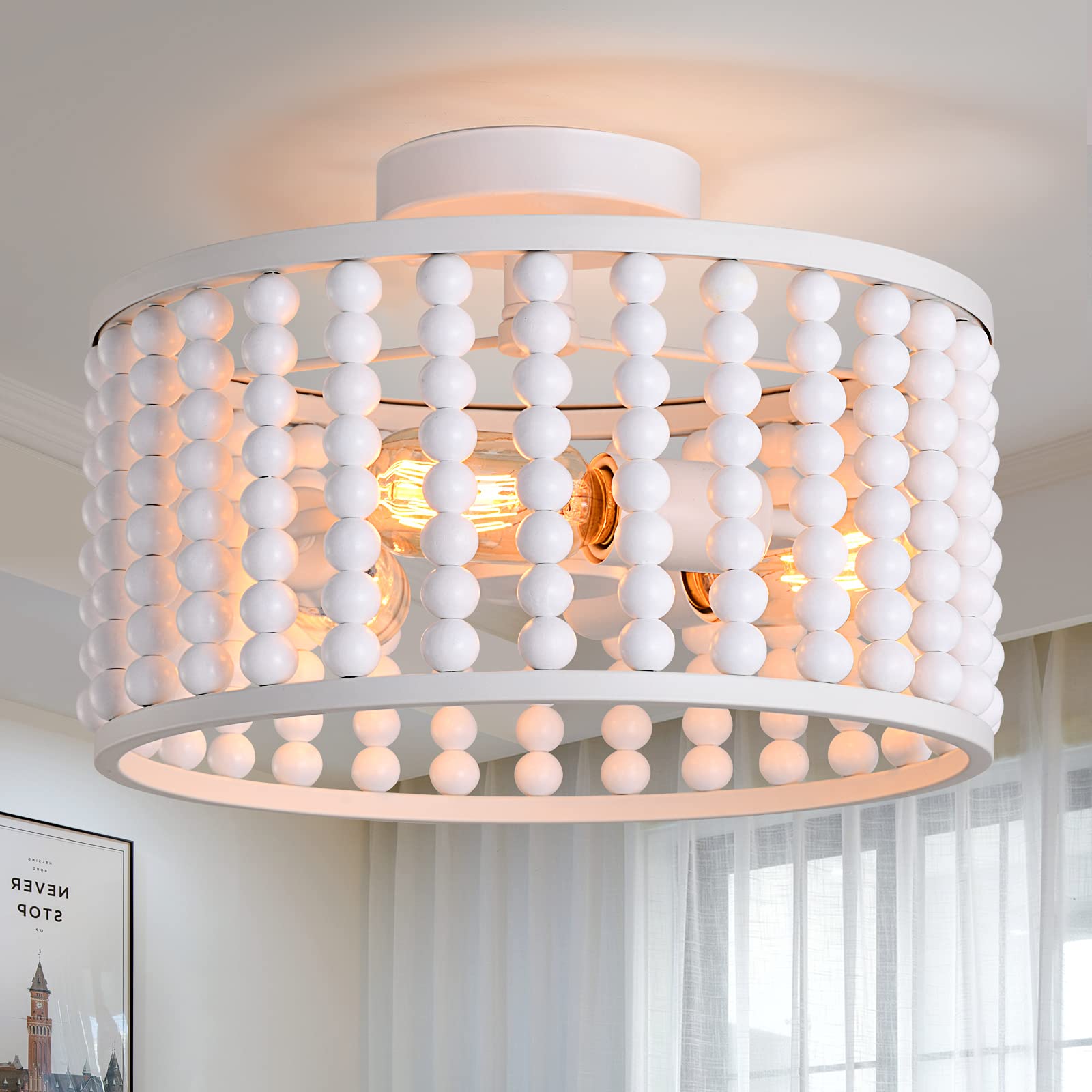 Boho Light Fixture, 3-Light Wood Beaded Chandelier, White Semi-Flush Mount Ceiling