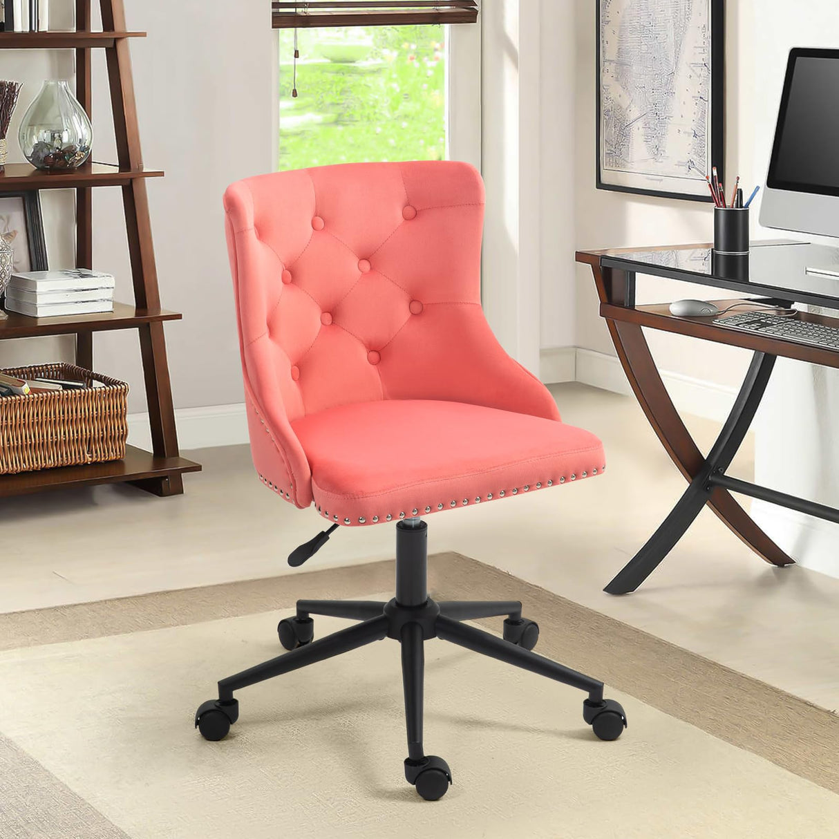 Velvet Upholstered Office Chair with Height Adjustable Base - Pink