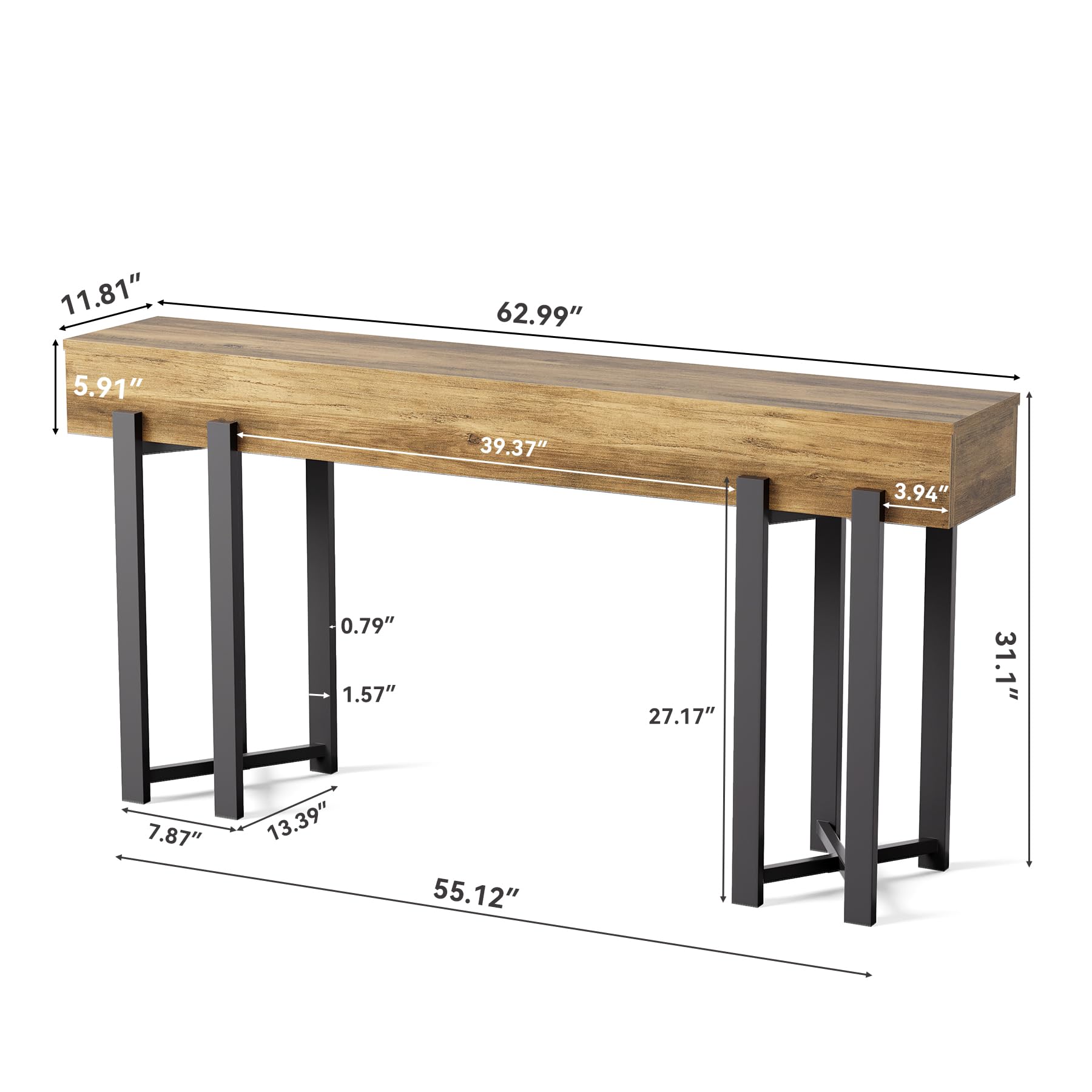 63-Inch Industrial Console Table - Rustic Brown Entryway Table