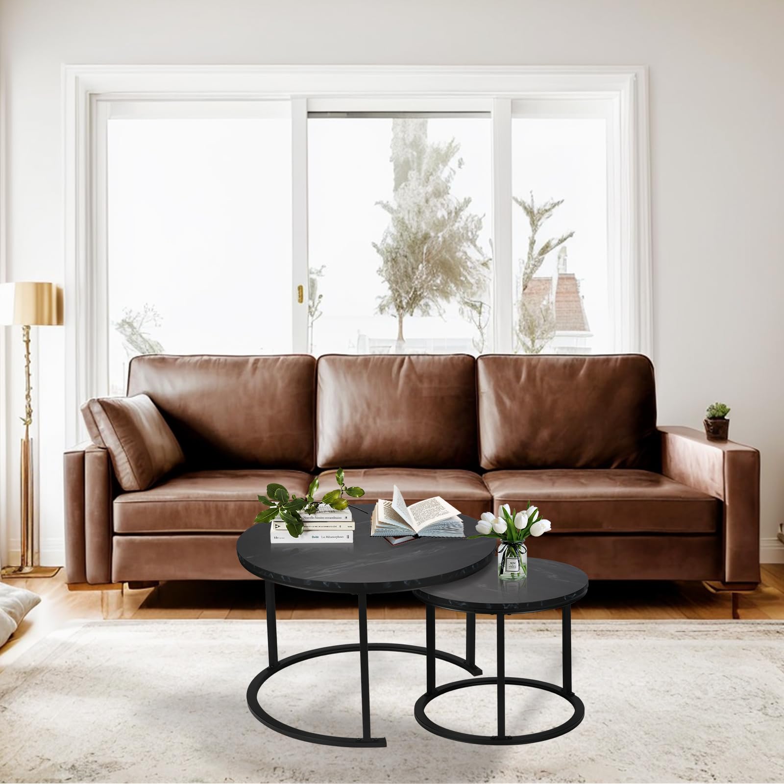 Round Modern Nesting Coffee Table Set of 2,Waterproof Faux Marble Wood Top