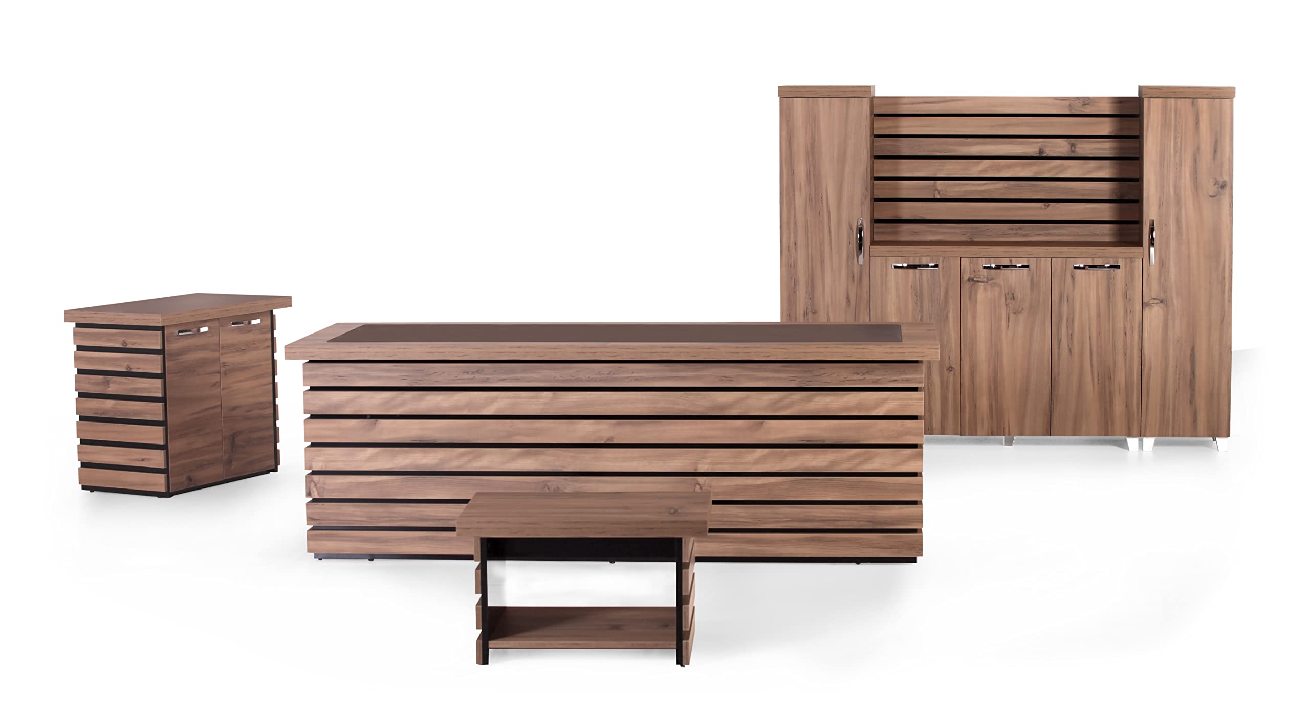 87" Wood Office Furniture Set of 4pcs | Executive Desk w/Leather Pad | Large Storage