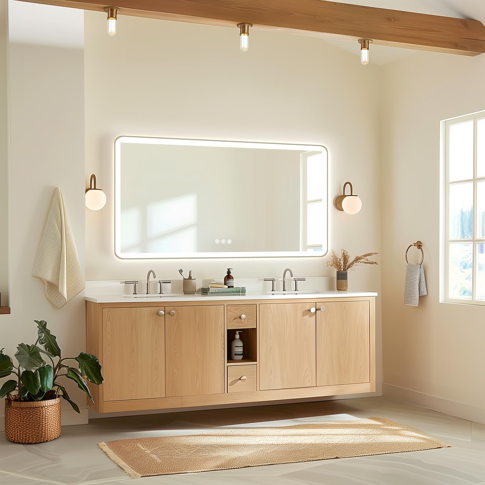 60x28 LED Mirror for Bathroom, Front and Backlit, Rounded Corner Frameless