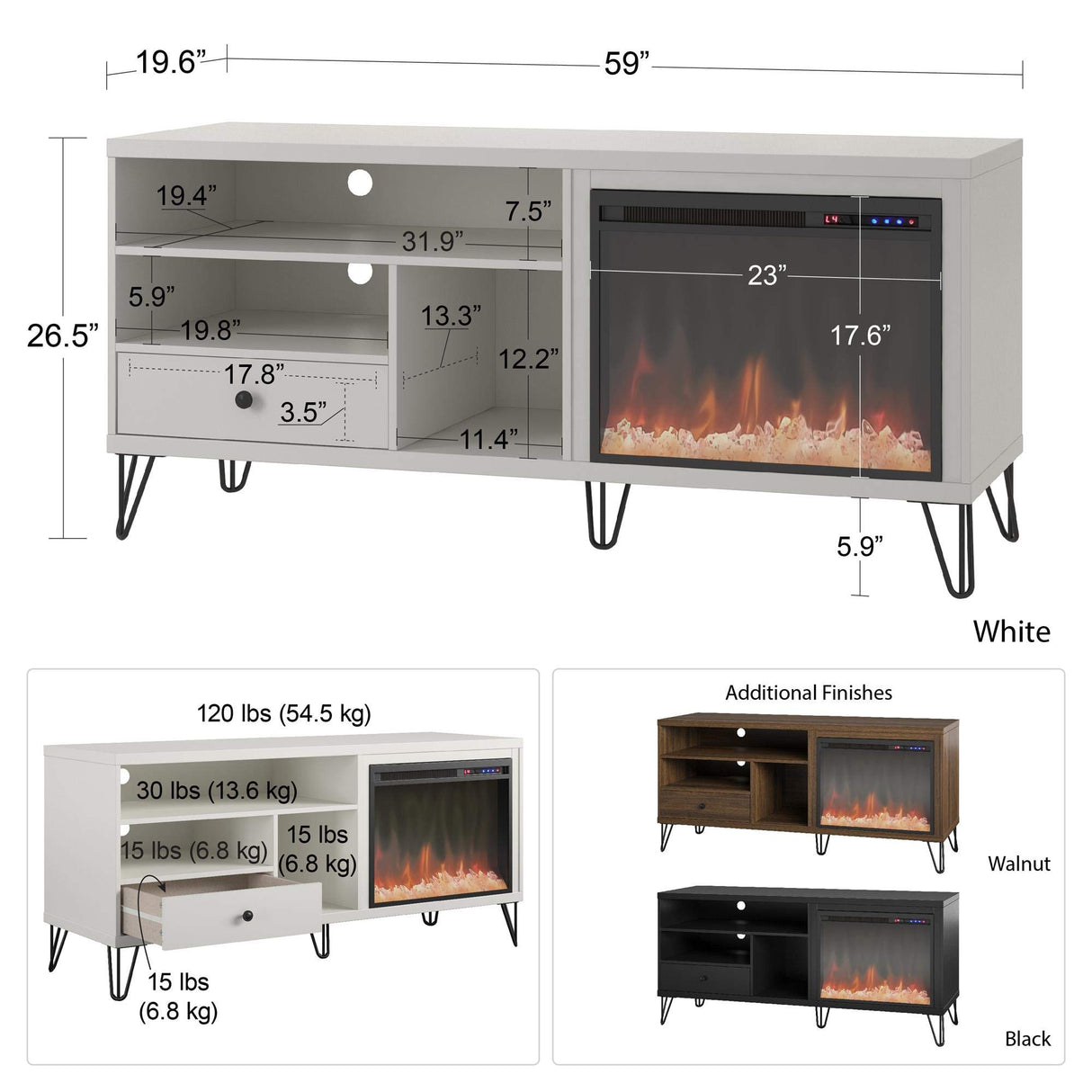 Home Owen Fireplace TV Stand for TVs up to 65", White