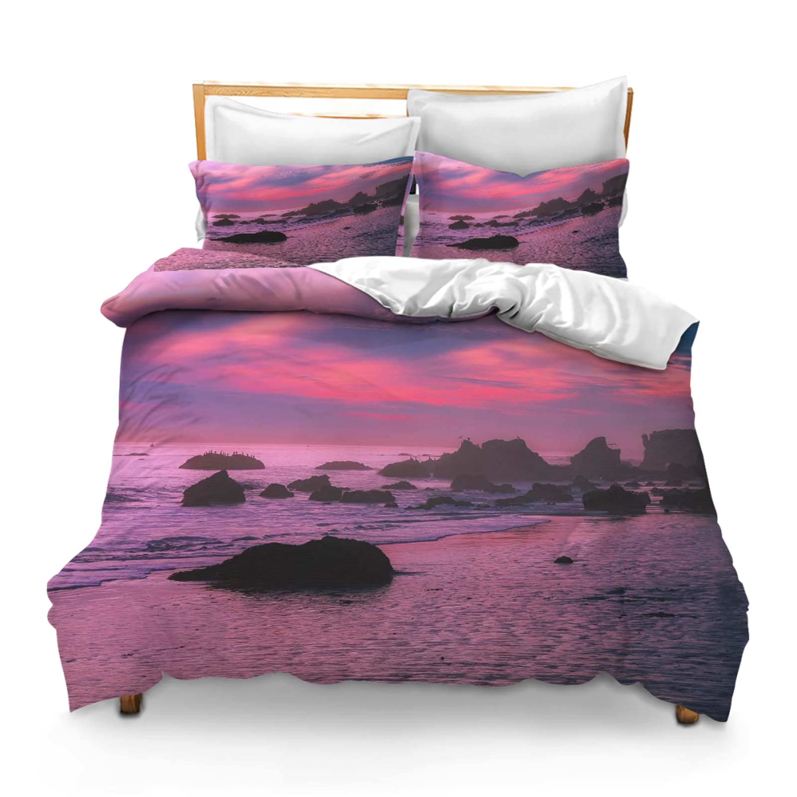 3PCS Comforter Cover Set with 2 Pillow Shams Lightweight Full Beach Sunset Rocks Rocky