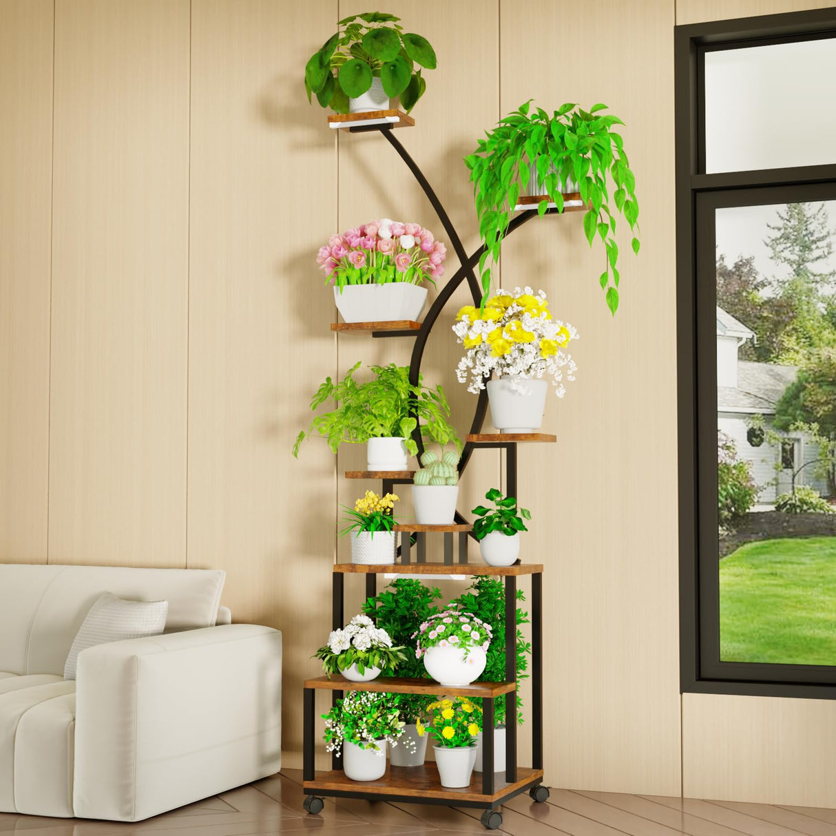 9 Tiered Tall Metal Plant Stand Indoor with Grow Lights, Large Holder Display Shelf