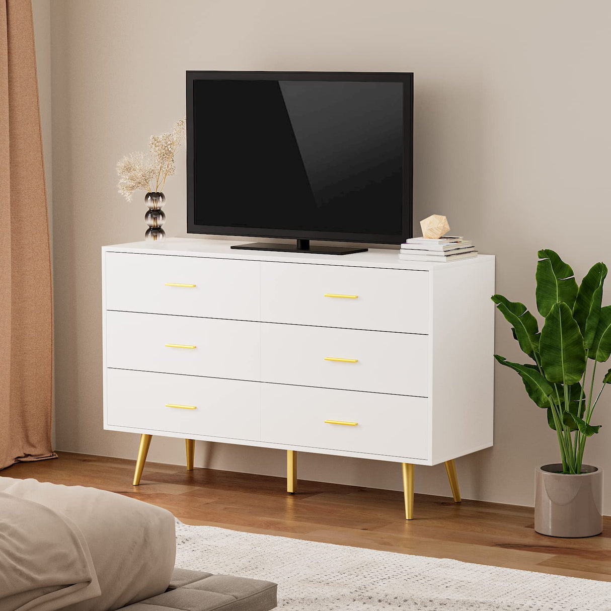 White 6 Drawer Dresser for Bedroom, Wooden White Double Dresser with Gold Handles