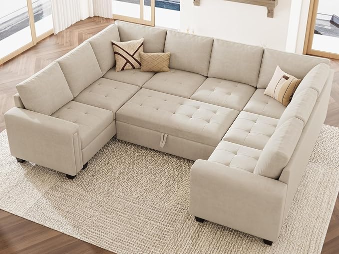 Secitonal Sleeper Sofa with Pull Out Couch Bed Modular Sectional Sofa with Storage Couch Velvet L Shaped Couch Sleeper Sofa Bed Beige