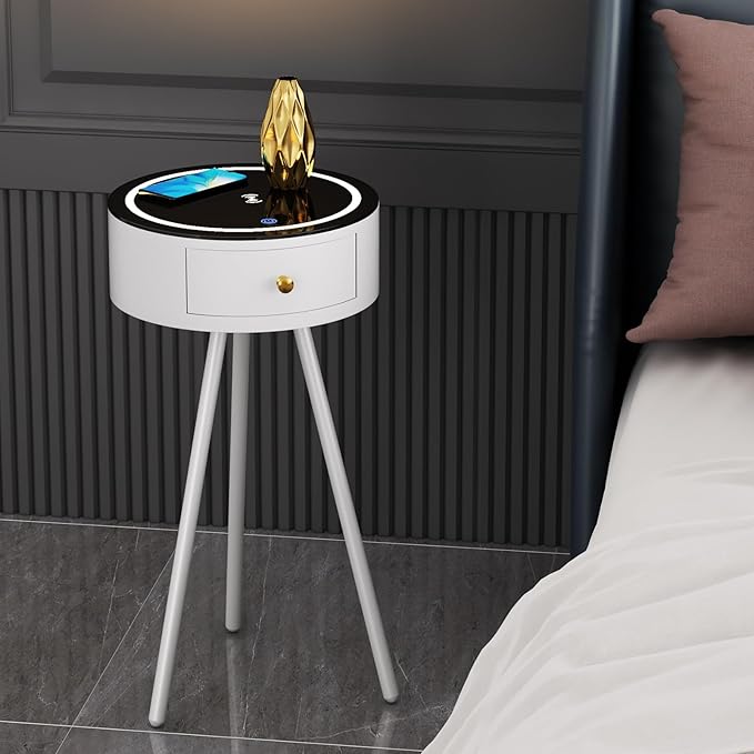 Gold Smart Led Nightstand with White Drawers,14in Sofa Round End Table with USB &