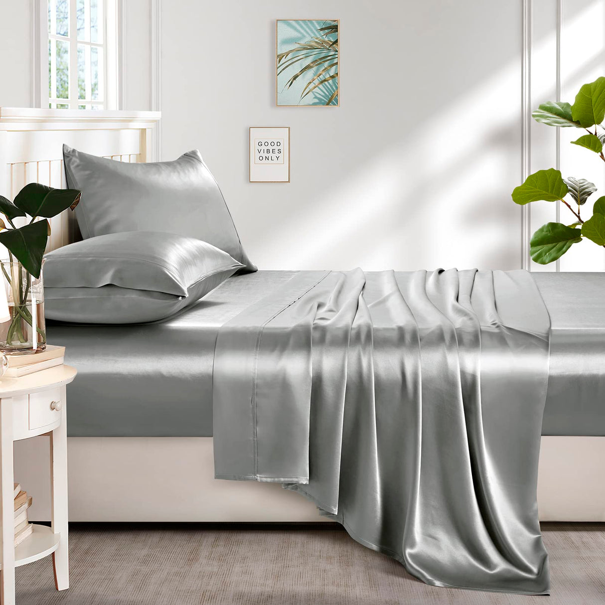 Silk Satin Sheets, Queen Size Satin Bed Sheet Set with Deep Pockets,