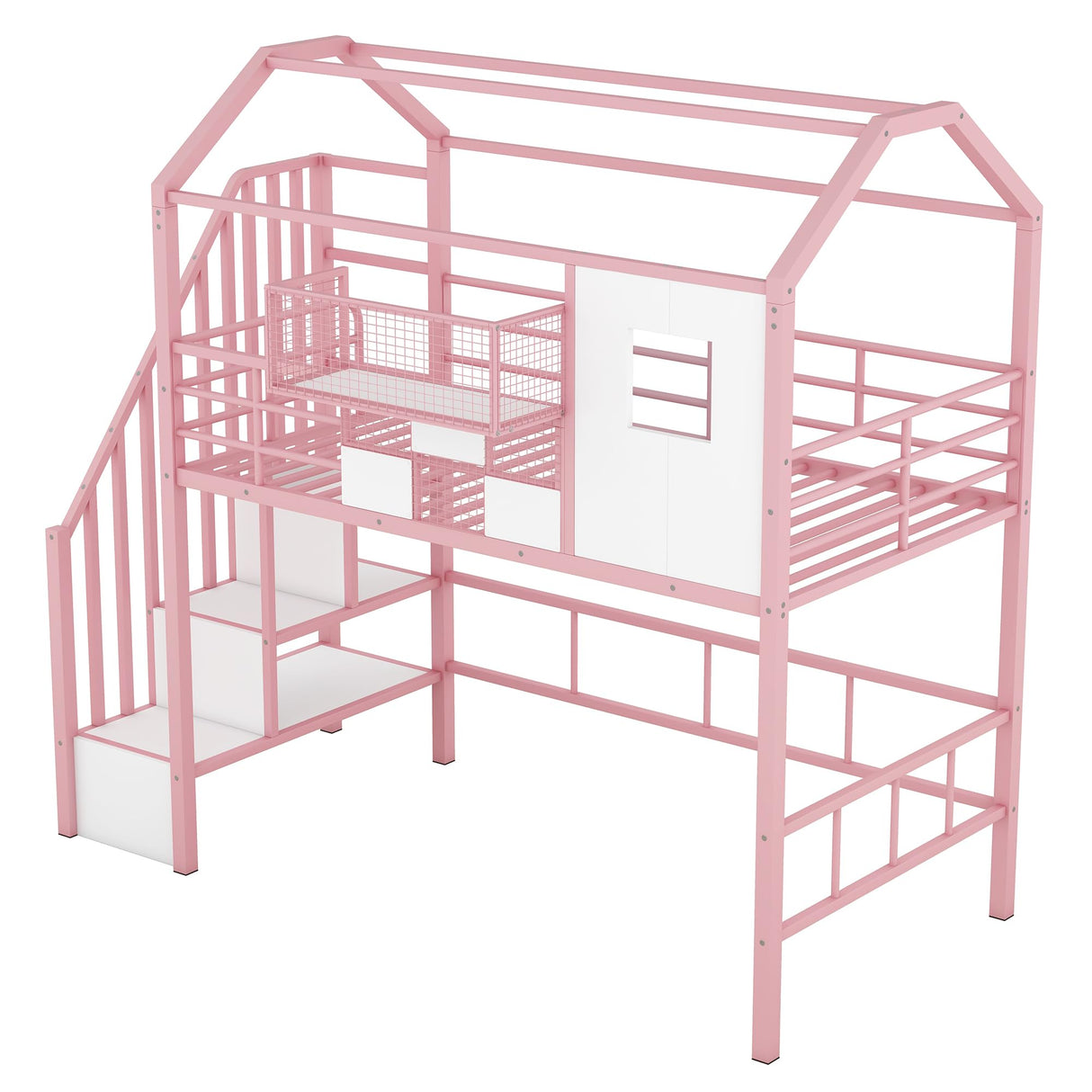 Twin Loft Bed with Stairs, Roof, Window and Full-Length Guardrail, House Loft Bed/Heavy