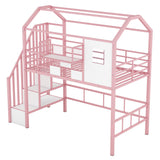 Twin Loft Bed with Stairs, Roof, Window and Full-Length Guardrail, House Loft Bed/Heavy