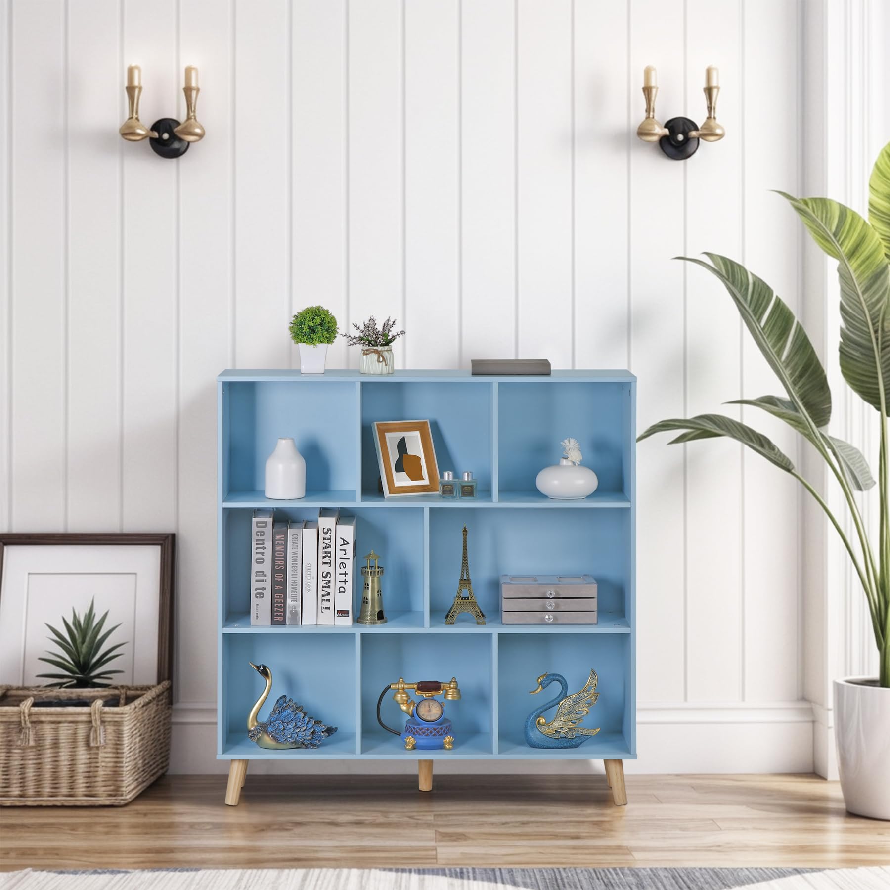8 Cube Bookshelf 3 Tier Modern Bookcase with Solid Legs, Open Shelf Tall Storage Organizer Wide Display Rack Freestanding Cabinet for Bedroom, Living Room, Office, Nursery, Dark Blue