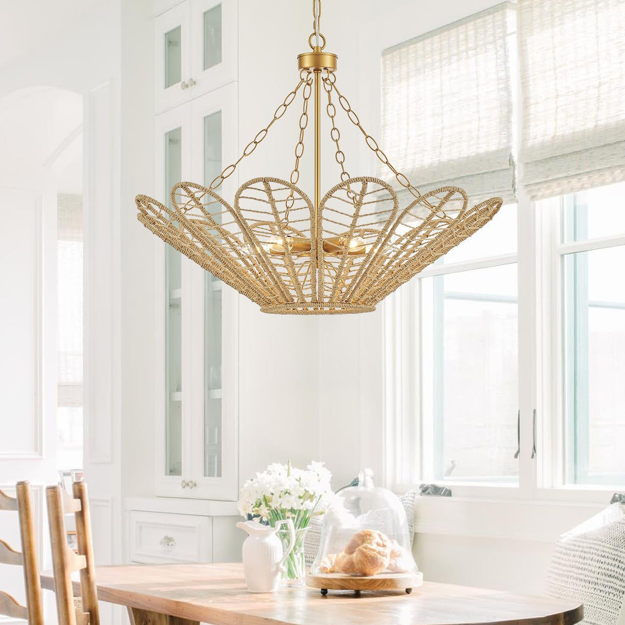 29" Natural Rattan Chandelier, with Boho Woven Wicker Flower Shade Antique Brass