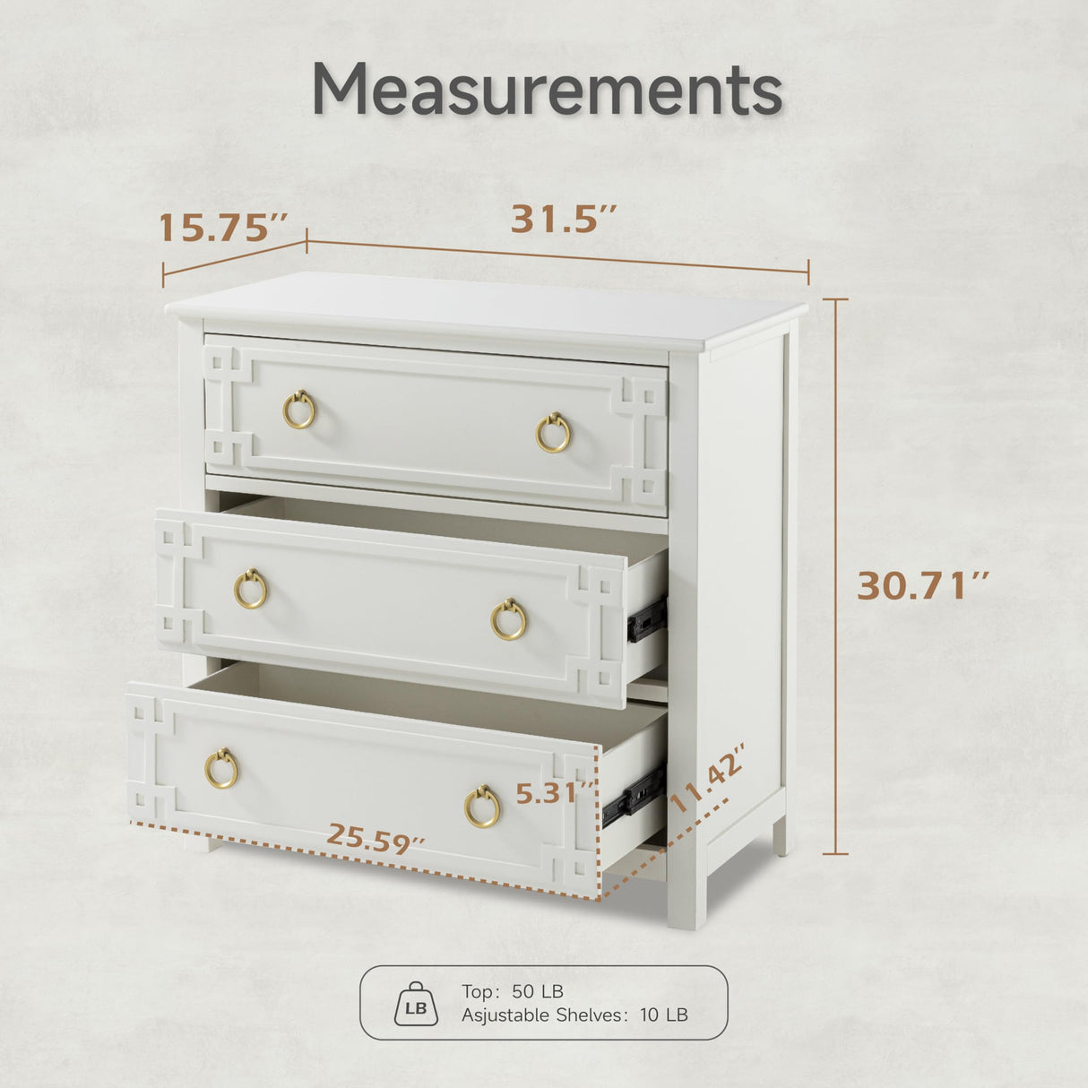 Farmhouse 3-Drawer Dresser, Fully-Assembled French Country Chest of Drawers