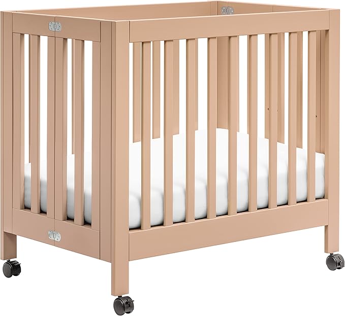 Origami Mini Portable Crib Folding with Wheels in White, 2 Adjustable Mattress Positions