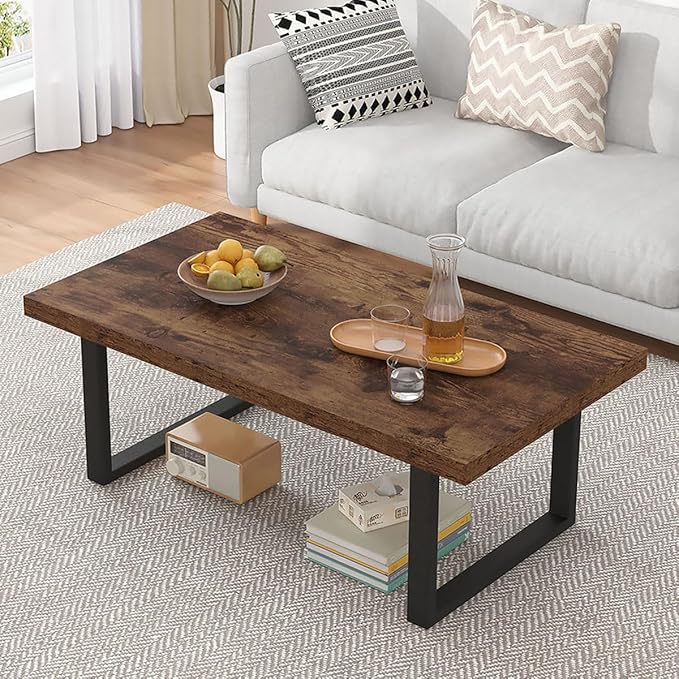 Grey Coffee Table, Wood Metal Coffee Table for Living Room, Farmhouse Minimalist Rustic