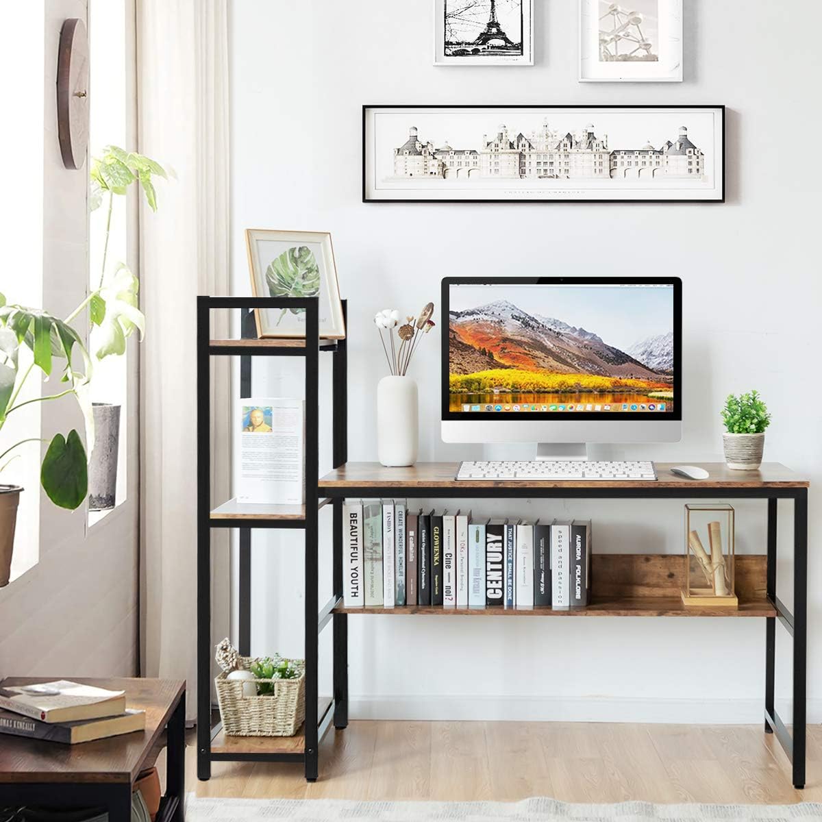 59-Inch Computer Desk with Bookshelf, Home Office Desk with Storage Bookshelf
