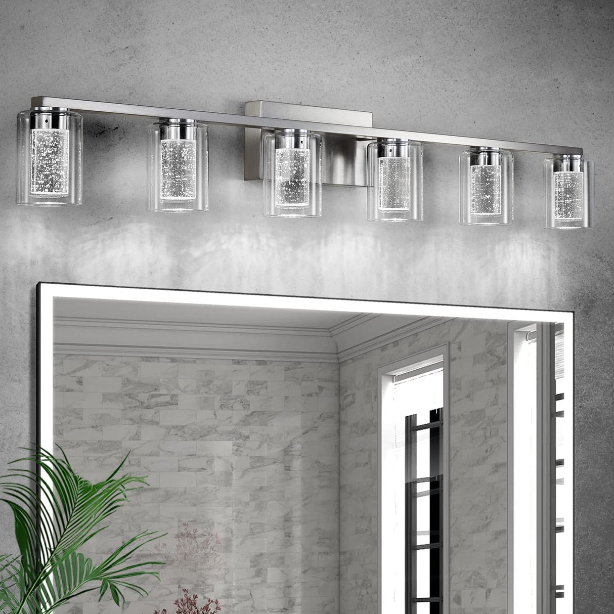 Brushed Nickel 6-Light Vanity Fixtures, Crystal Bubble Glass LED Sconces - Dimmable 3-Color (White/Neutral/Warm) for Bathroom, Hallway, Living Room