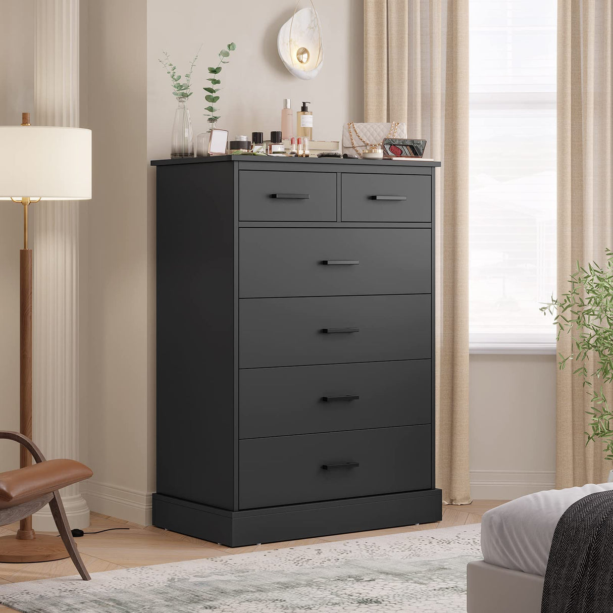 Black Dresser for Bedroom, 6 Drawers Dresser Wood Storage Tower Clothes Organizer