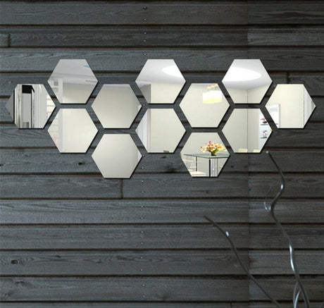 1set of 12PCS Hexagon Decorative 3D Acrylic Mirror Wall Stickers Living Room Bedroom