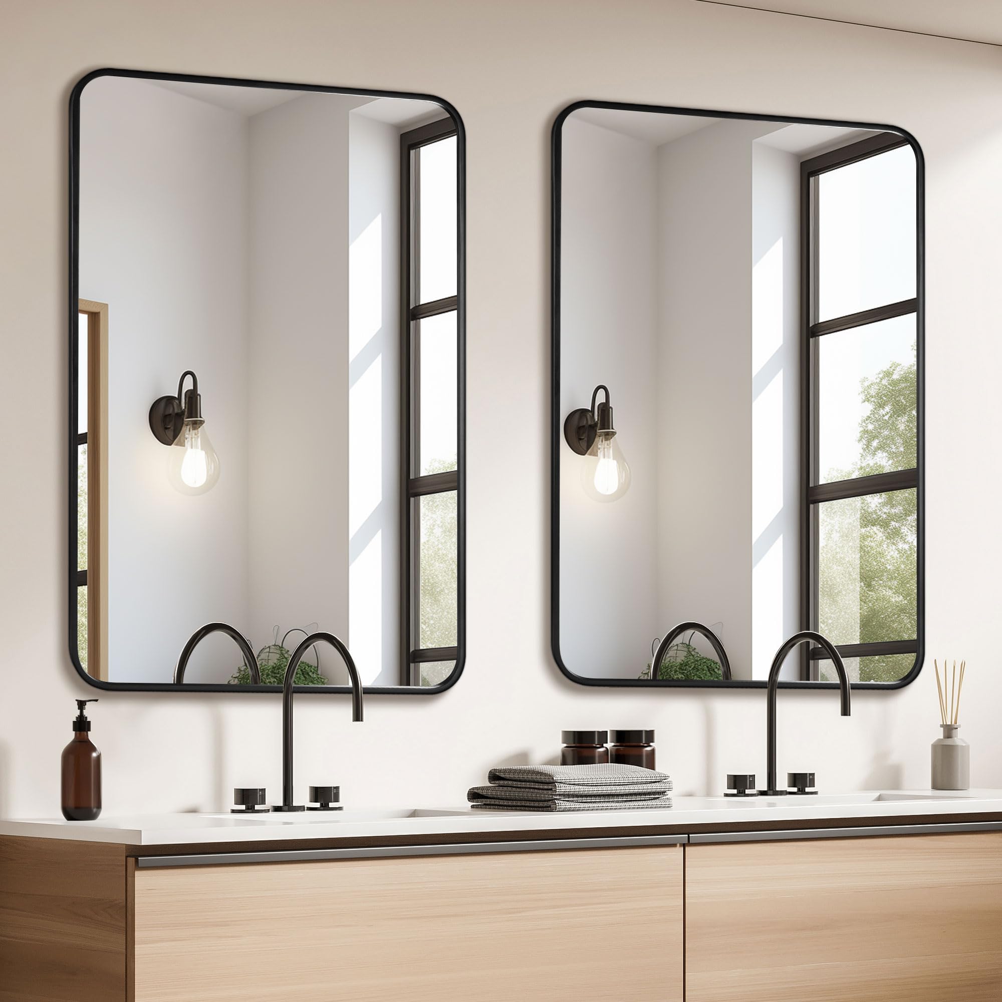 Black Metal Framed Bathroom Mirror 24x36 - Set of 2 Rounded Rectangle Vanity Mirrors