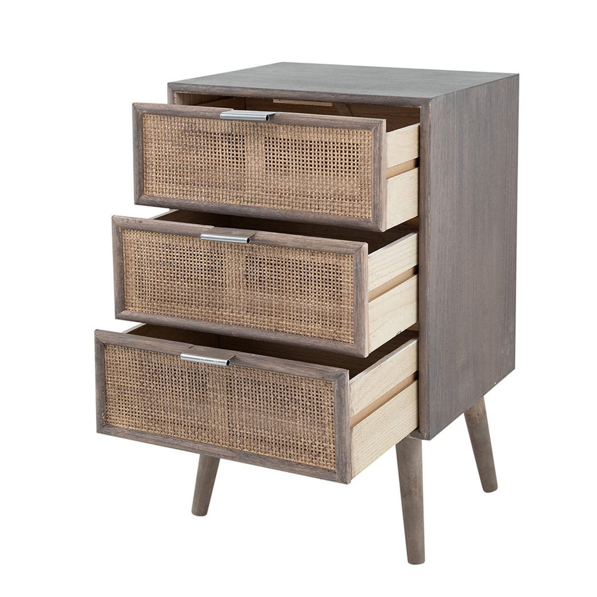 28 Inch Dresser Chest, 3 Drawers, Pine Wood, Rattan Panels, Gray