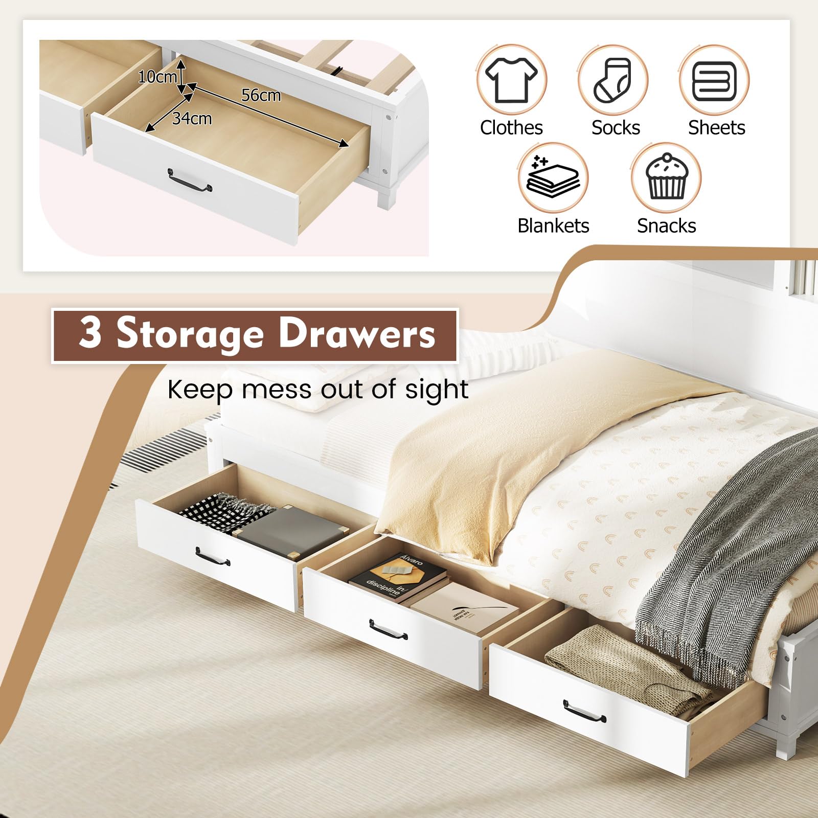 Storage, Wooden Day Bed with 3 Storage Drawers, Shelves, Cork Board & Sliding Door,
