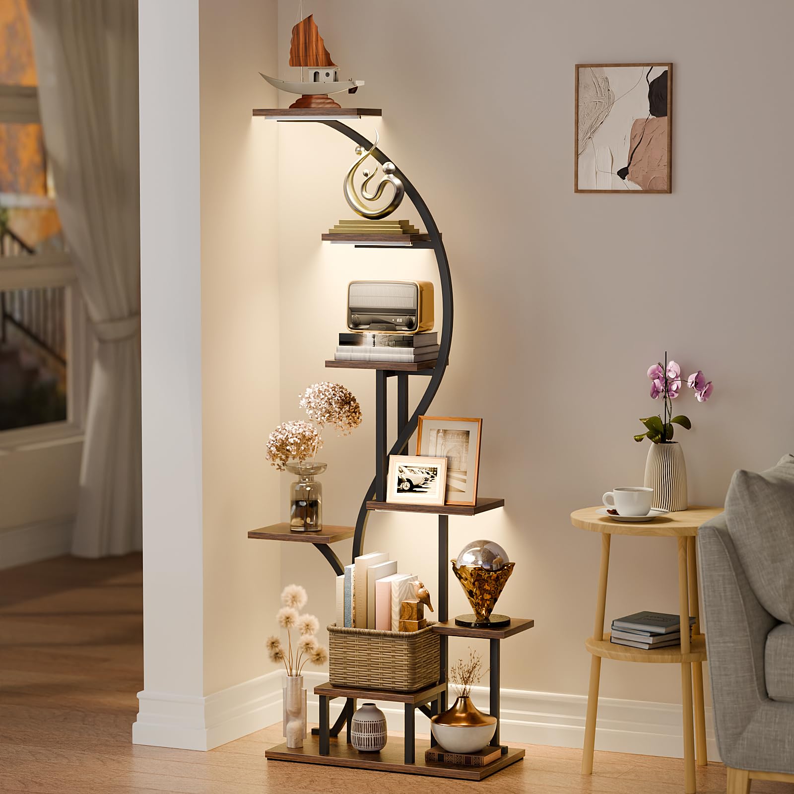 8 Tier Corner Shelf with Light, 65" Tall Coner Display Shelves
