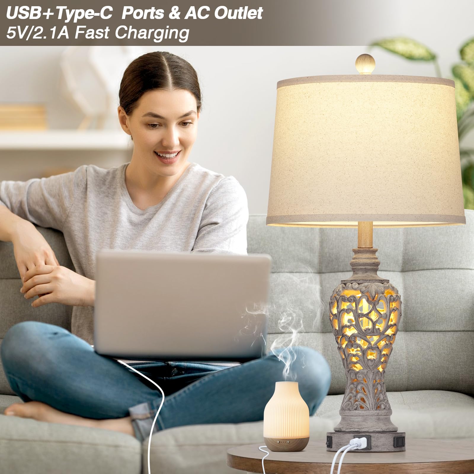Farmhouse Table Lamps Set of 2 with Nightlight, Rustic Bedside Lamps