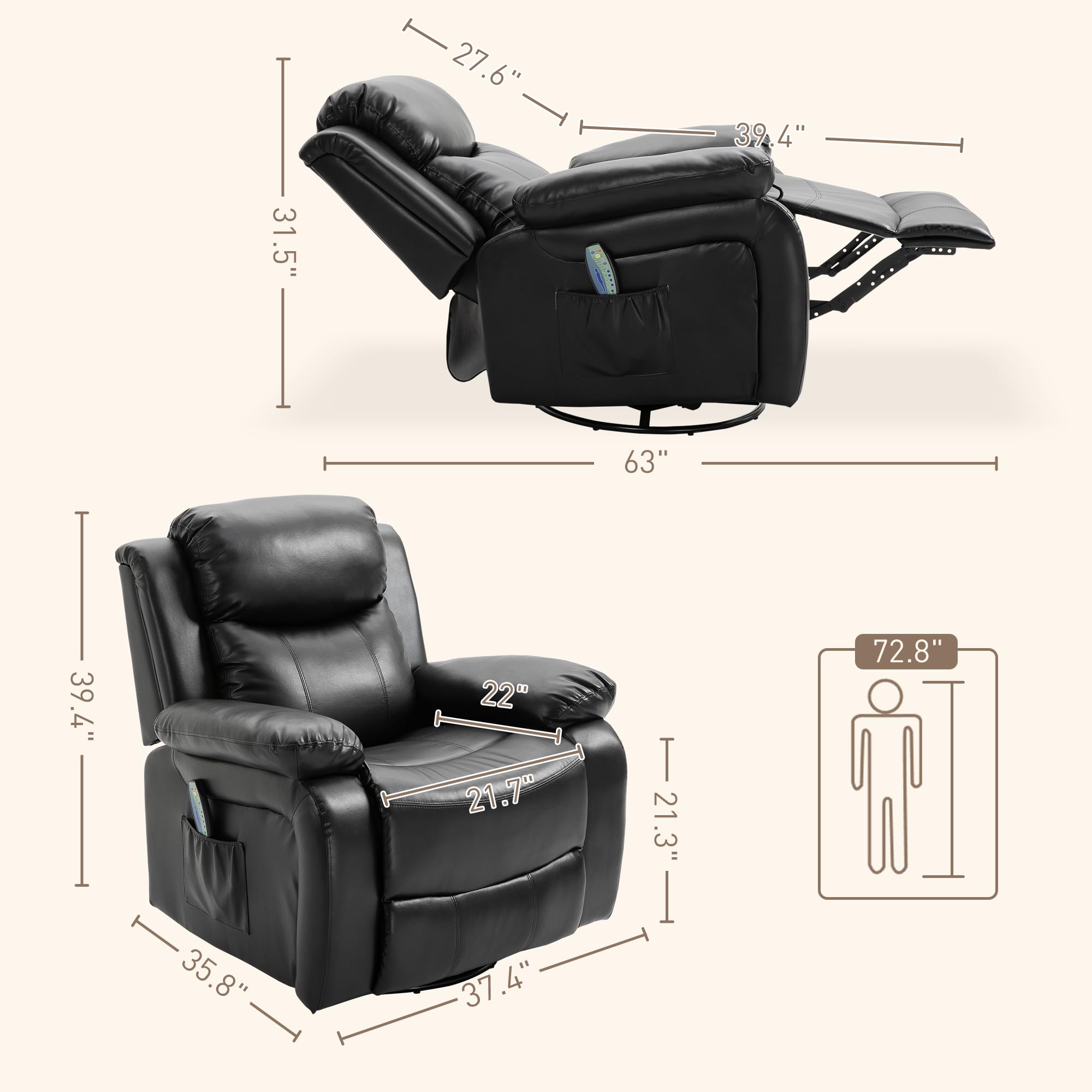 TheraLuxe 8-Point PU Leather Swivel Rocker Recliner with Remote & Massage