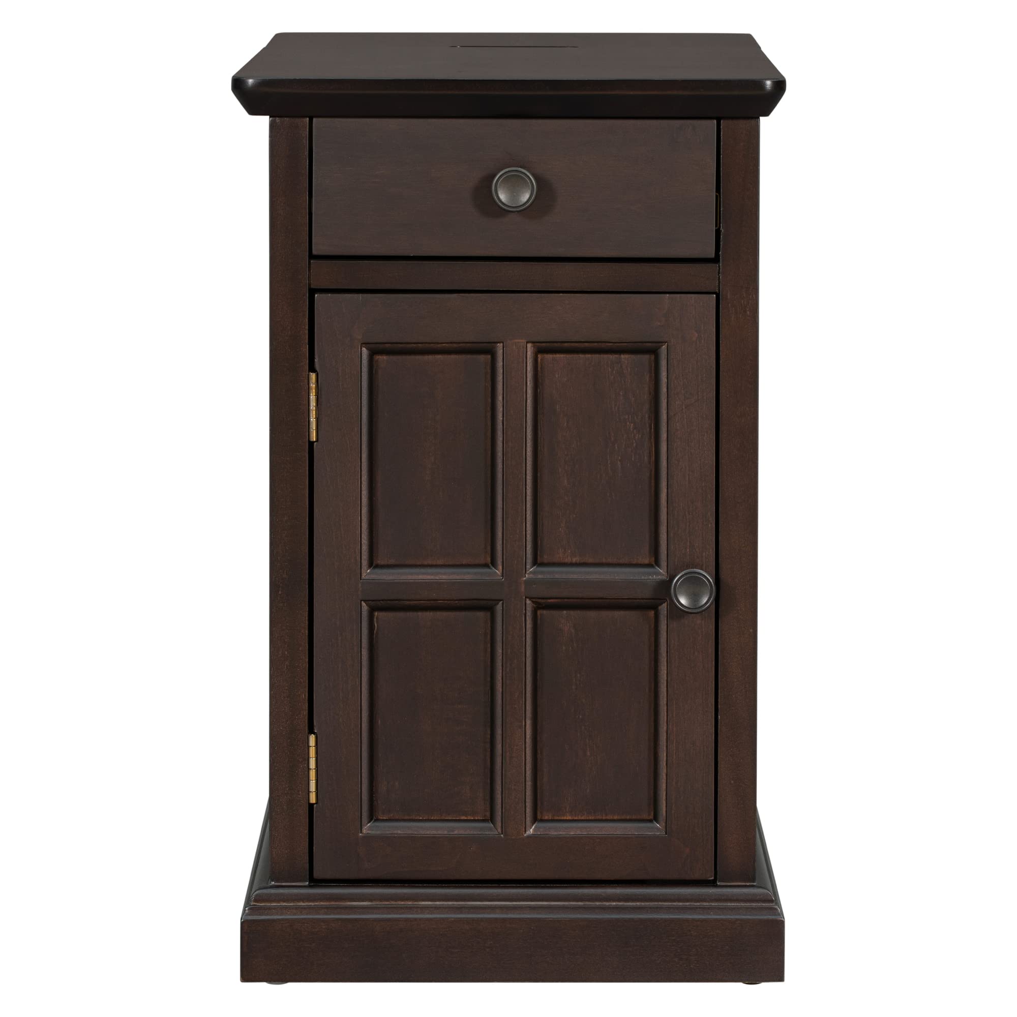 Traditional Wood End Table with Charging Station, Modern Vintage Sofa Chair Side Table Nightstand with Storage & Drawer for Living Room Bedroom, No Assembly, Antique Espresso