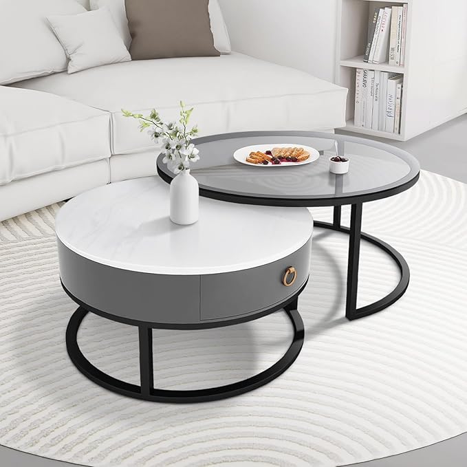 27.5 Inch Round Wood Tables 2 Pack, Small Coffee Tables for Small Spaces, Coffee Tables