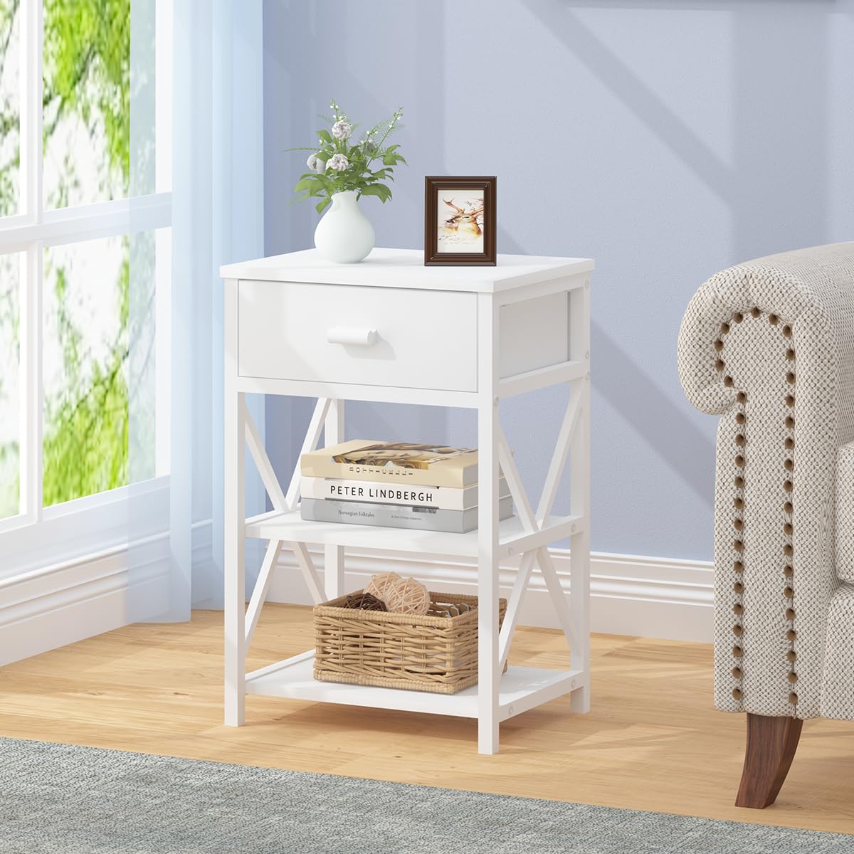 Modern White Nightstand, Narrow Small Night Stand Set 2 with Drawer, Skinny Cute Wood Metal Side Table