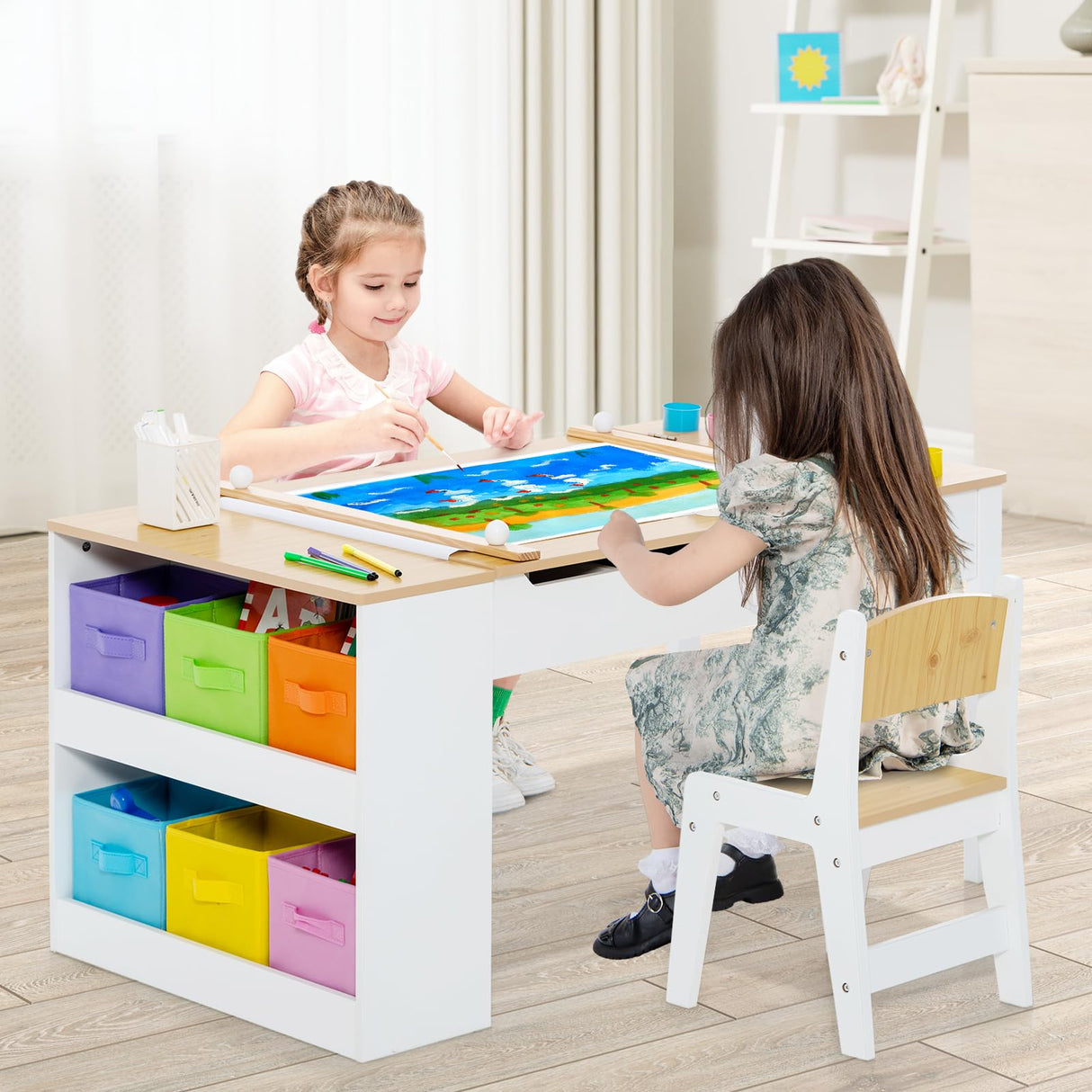 3 in 1 Kids Art Table and Chair Set, Toddler Craft Play Wood Activity Desk with 2 Chairs Storage Canvas Bins Paper Roll for Writing Drawing