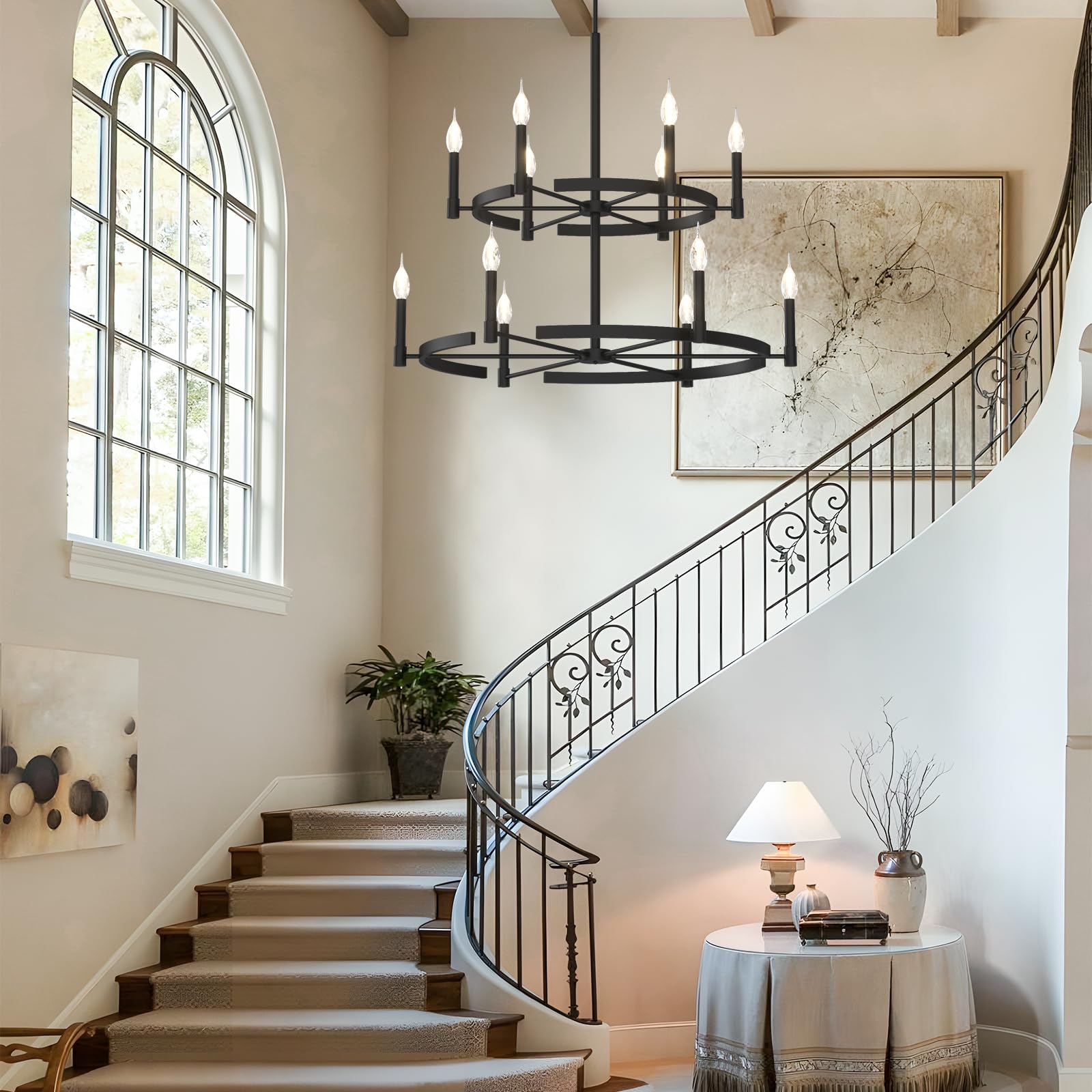 40 Inch Wagon Wheel Chandelier 12 Light, 2 Tier Large Chandeliers