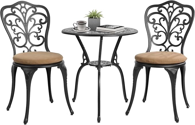 Bistro Table and Chairs Set of 2 Outdoor 3 Piece Patio Set, Rose Pattern Cast Aluminum