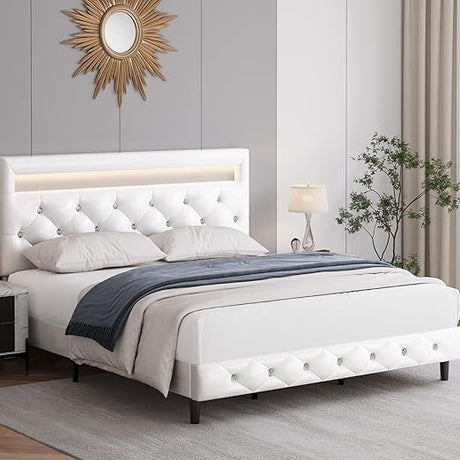 Modern Upholstered Queen Bed Frame with LED Lights, Faux Leather Low Profile Platform