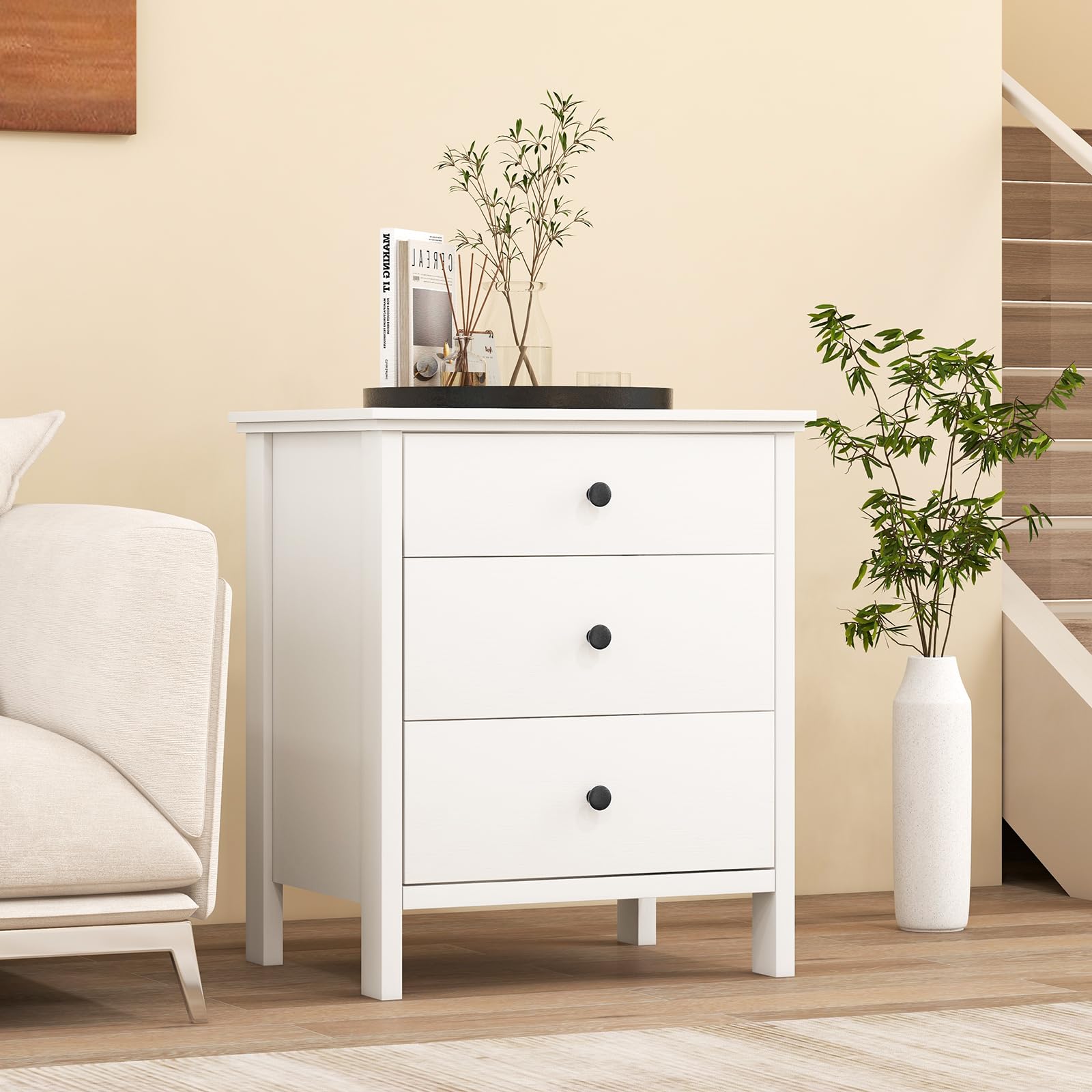 Nightstand with 3 Drawers Set of 2, Wooden Side End Table