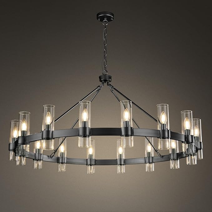 20-Light Large Gold Wagon Wheel Chandelier with Glass Shades