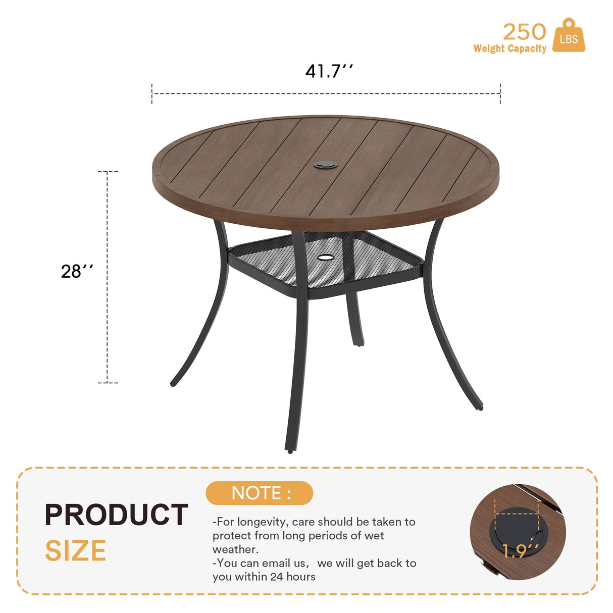 Metal Patio Dining Table for 4, 42" Walnut Wood-Like Outdoor Round Table