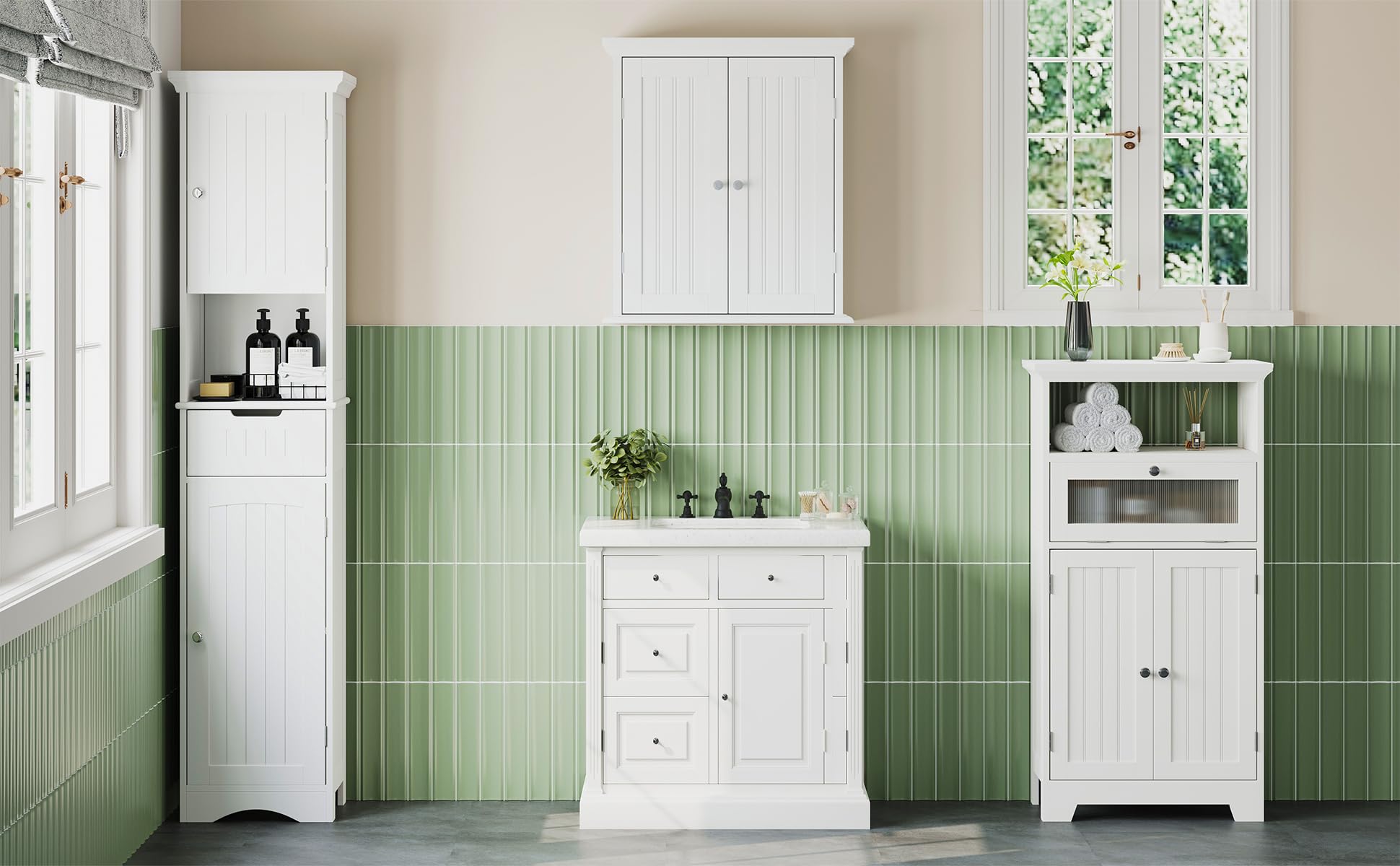Bathroom Floor Storage Cabinet with Flip Glass Drawer, Freestanding