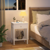 White Nightstand with Charging Station Set of 2, Bamboo Bedside Table Set